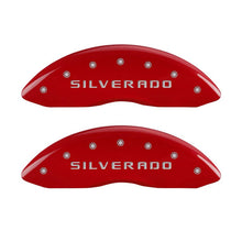 Load image into Gallery viewer, MGP 4 Caliper Covers Engraved Front &amp; Rear Silverado Red finish silver ch
