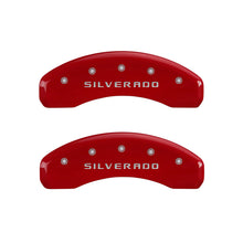 Load image into Gallery viewer, MGP 4 Caliper Covers Engraved Front &amp; Rear Silverado Red finish silver ch
